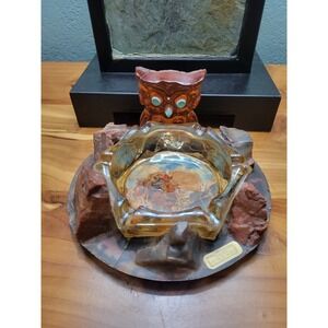 Vtg Owl Lucite & Petrified Wood w/ Amber Color Glass Ashtray Insert On Tray🦉